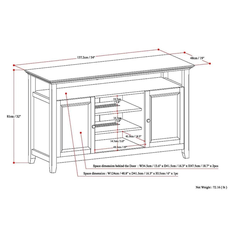 Mueble de TV transicional de madera maciza de 54 pulgadas de ancho - 54 An. x 18.9 Prof. x 31.9 Al.