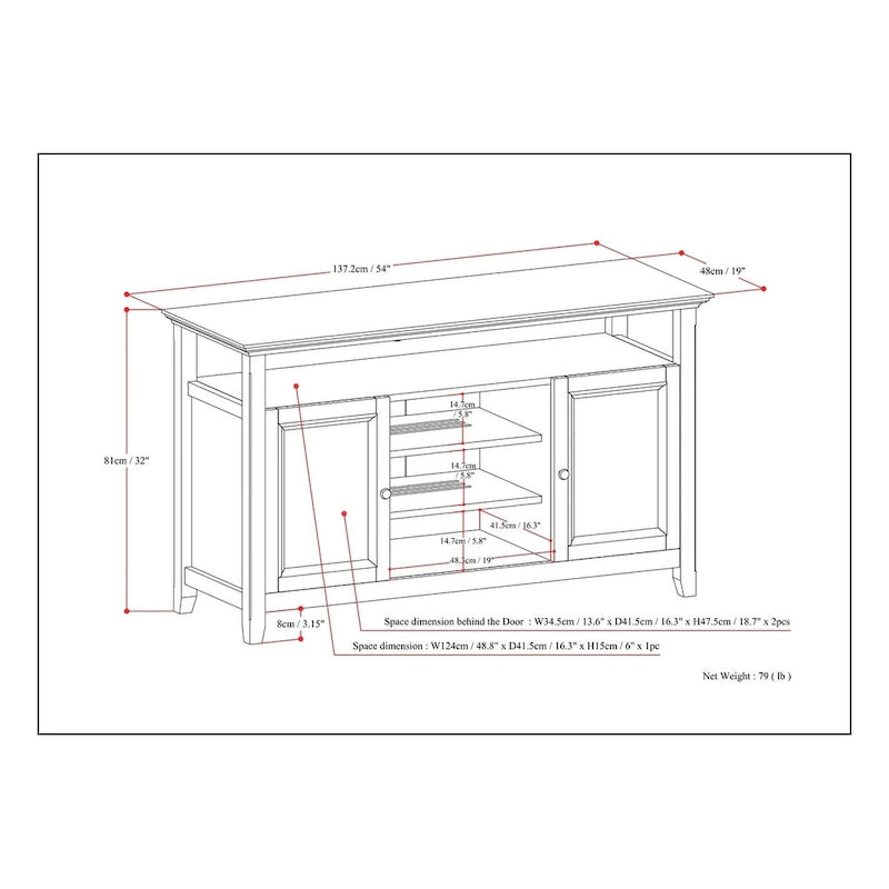 Mueble de TV transicional de madera maciza de 54 pulgadas de ancho - 54 An. x 18.9 Prof. x 31.9 Al.