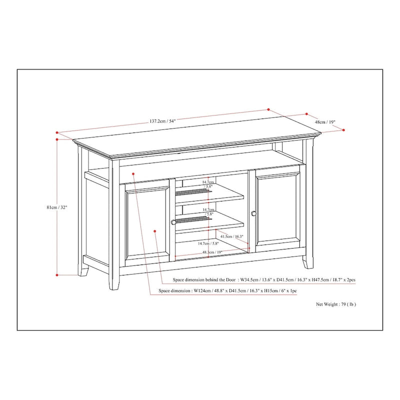 Mueble de TV transicional de madera maciza de 54 pulgadas de ancho - 54 An. x 18.9 Prof. x 31.9 Al.