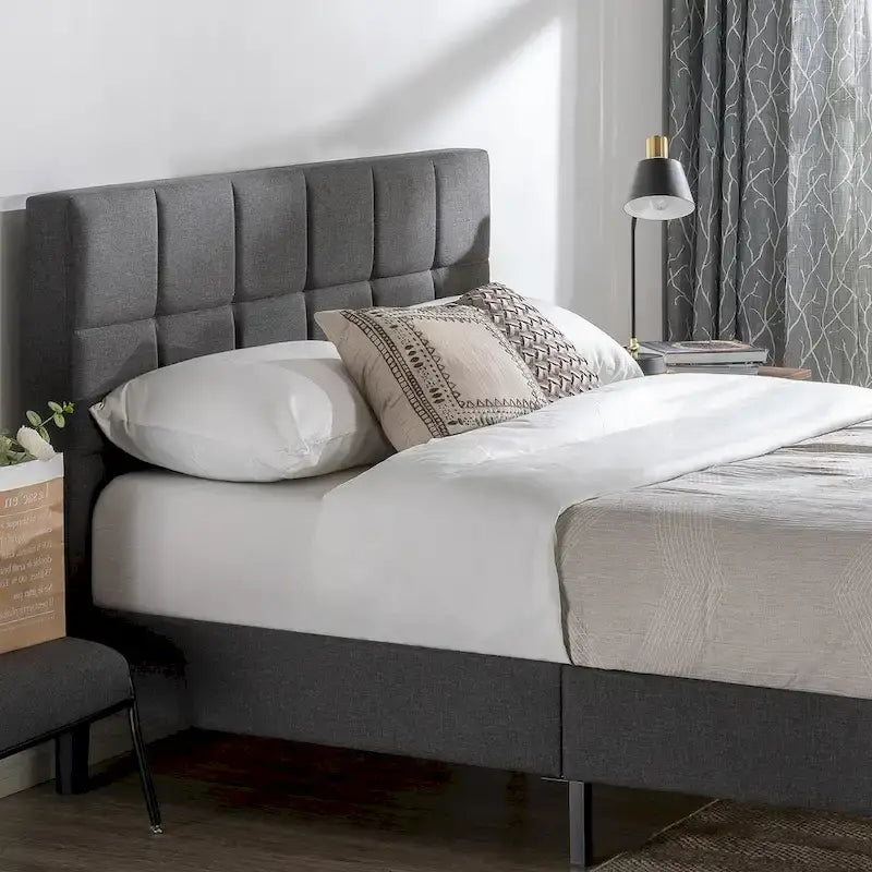 Base de cama tipo plataforma King, cosida en cuadrado gris