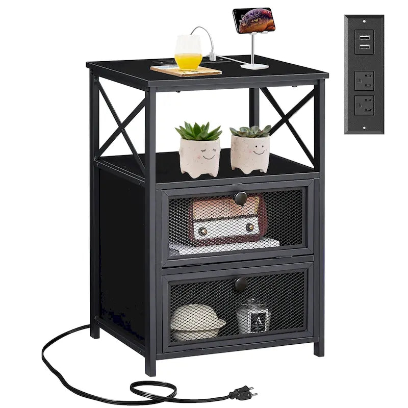 Mesita de noche vintage marrón/gris/negra con estación de carga, 2 cajones abatibles, 2 puertos USB y 2 tomas de corriente alterna