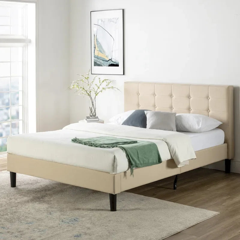 Cama Plataforma Tapizada capitoné de Tela Beige - King Size