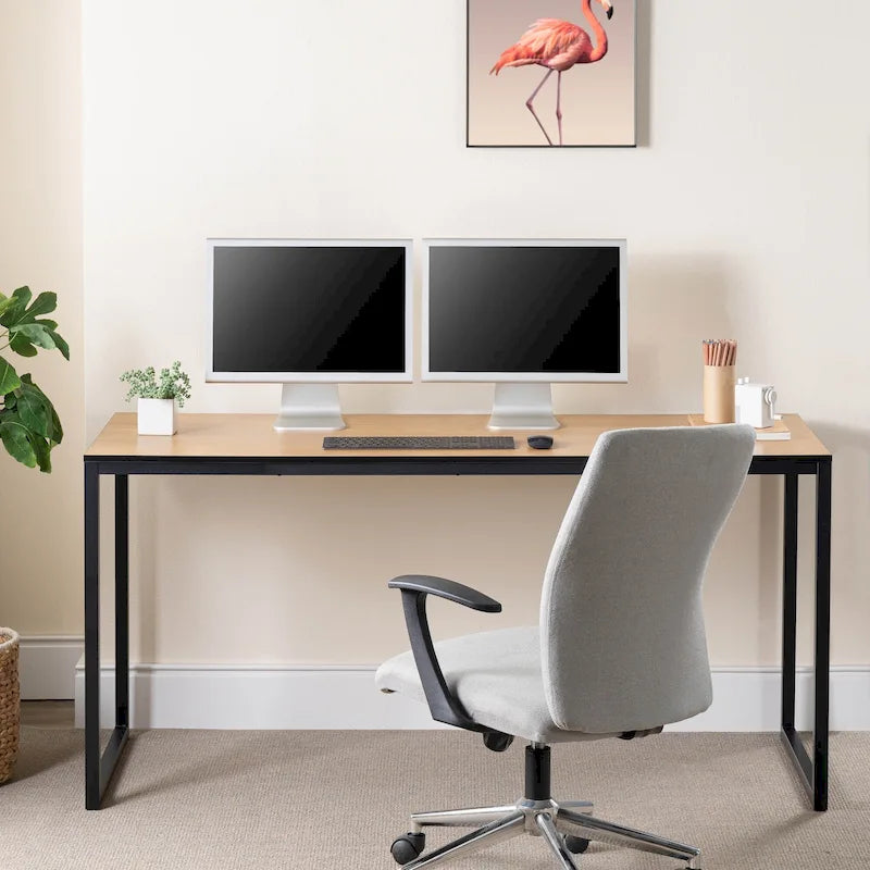Escritorio con estructura metálica de 63" de color natural/marrón/negro con tablero grueso