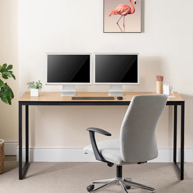 Escritorio con estructura metálica de 63" de color natural/marrón/negro con tablero grueso