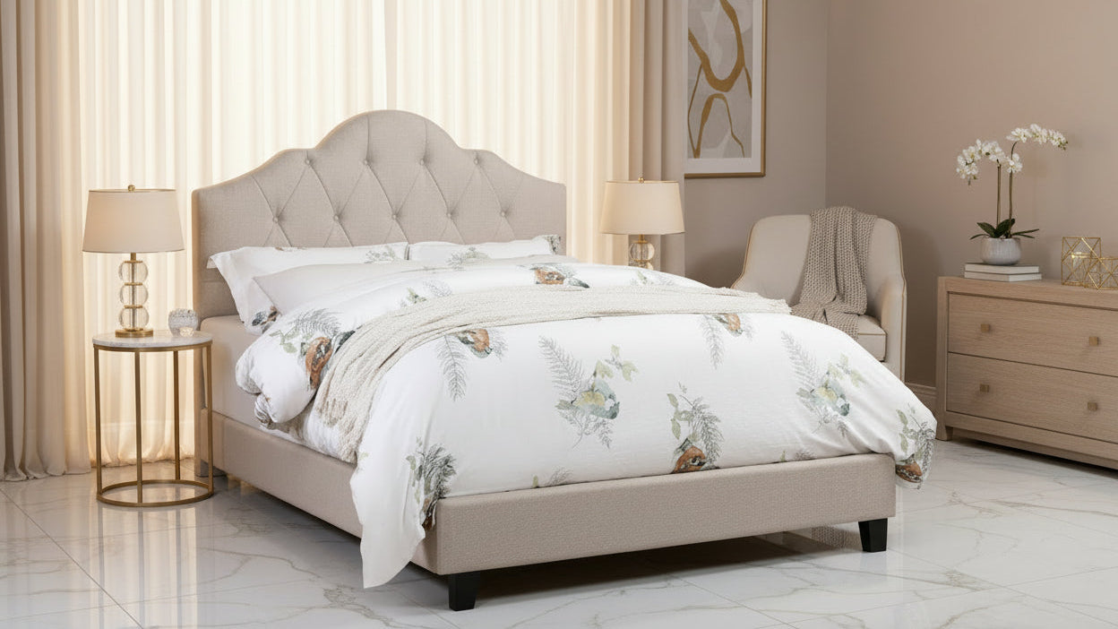 Cama Queen Size Tapizada, Cabecero Ajustable Capitaneado, Tela Color Topo