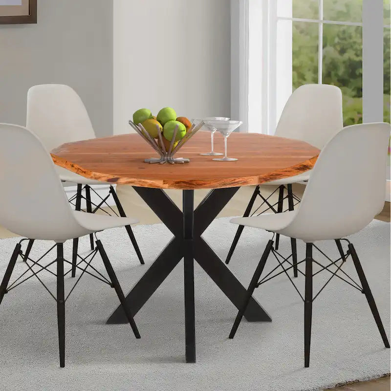 Mesa de comedor redonda artesanal de borde natural de 41 pulgadas con una tapa de madera de acacia marrón natural y patas de hierro negro.