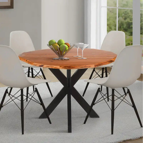 Mesa de comedor redonda artesanal de borde natural de 41 pulgadas con una tapa de madera de acacia marrón natural y patas de hierro negro.