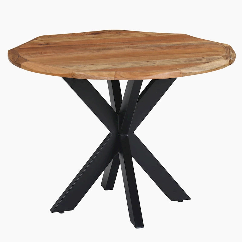 Mesa de comedor redonda artesanal de borde natural de 41 pulgadas con una tapa de madera de acacia marrón natural y patas de hierro negro.
