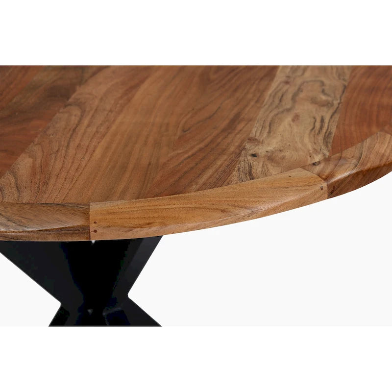 Mesa de comedor redonda artesanal de borde natural de 41 pulgadas con una tapa de madera de acacia marrón natural y patas de hierro negro.