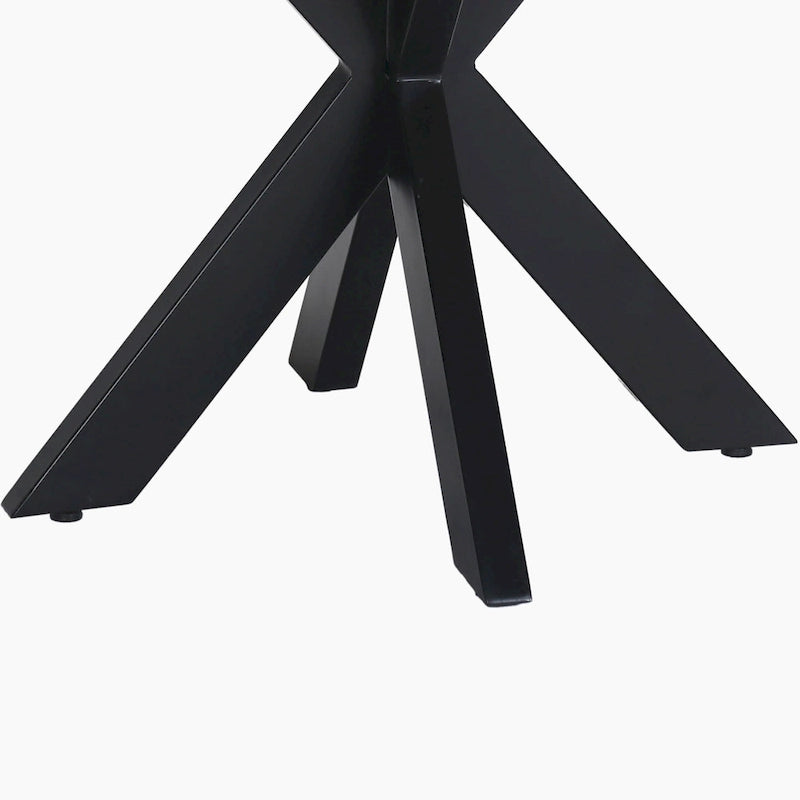 Mesa de comedor redonda artesanal de borde natural de 41 pulgadas con una tapa de madera de acacia marrón natural y patas de hierro negro.