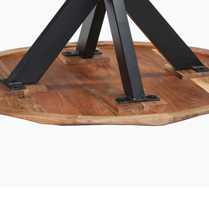 Mesa de comedor redonda artesanal de borde natural de 41 pulgadas con una tapa de madera de acacia marrón natural y patas de hierro negro.