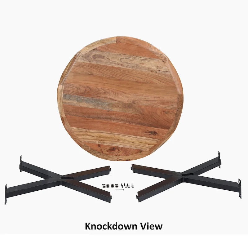 Mesa de comedor redonda artesanal de borde natural de 41 pulgadas con una tapa de madera de acacia marrón natural y patas de hierro negro.