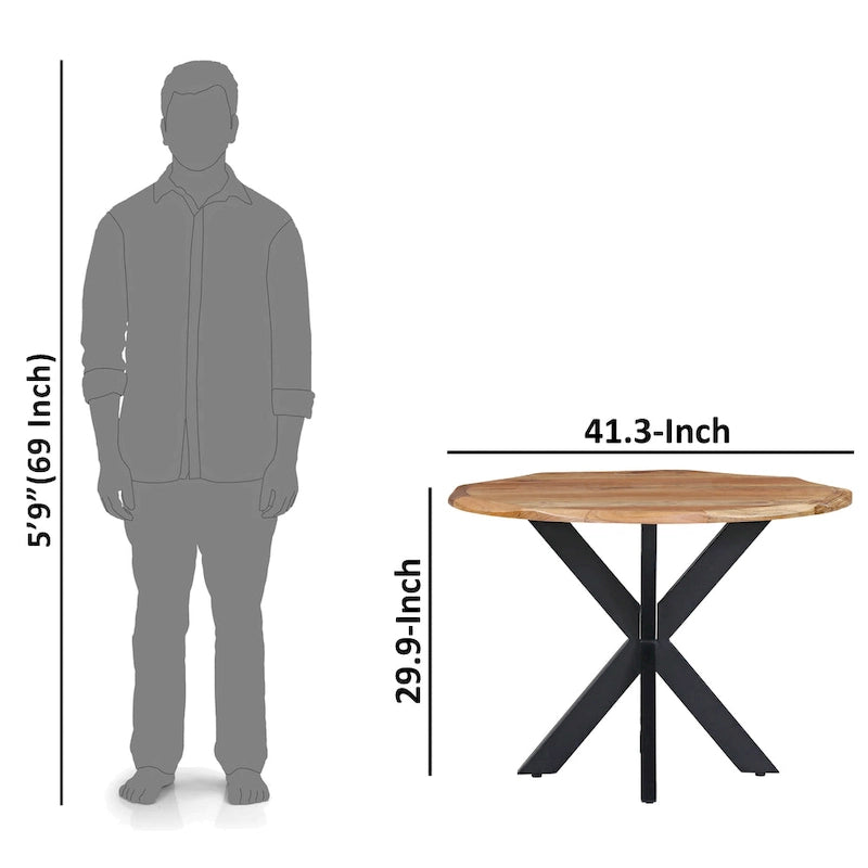 Mesa de comedor redonda artesanal de borde natural de 41 pulgadas con una tapa de madera de acacia marrón natural y patas de hierro negro.