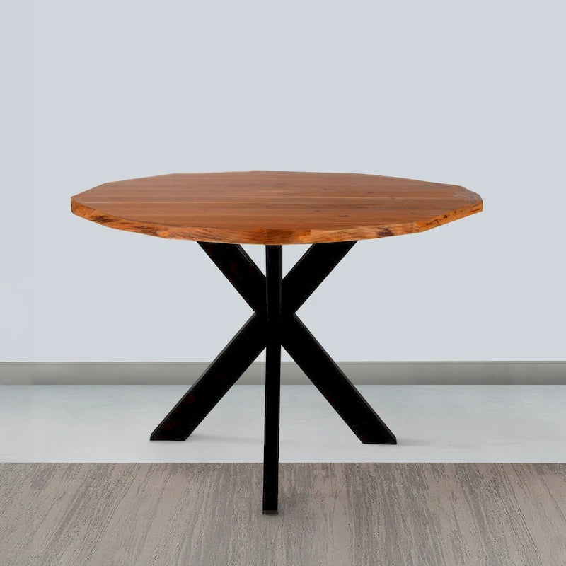 Mesa de comedor redonda artesanal de borde natural de 41 pulgadas con una tapa de madera de acacia marrón natural y patas de hierro negro.