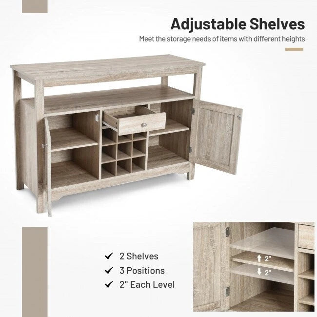 Aparador de bufé con rejilla para vinos, cajón y armarios, 115,5 cm