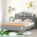 Cama plataforma de tamaño completo gris/negra con forma de casa y cabecero con almacenaje