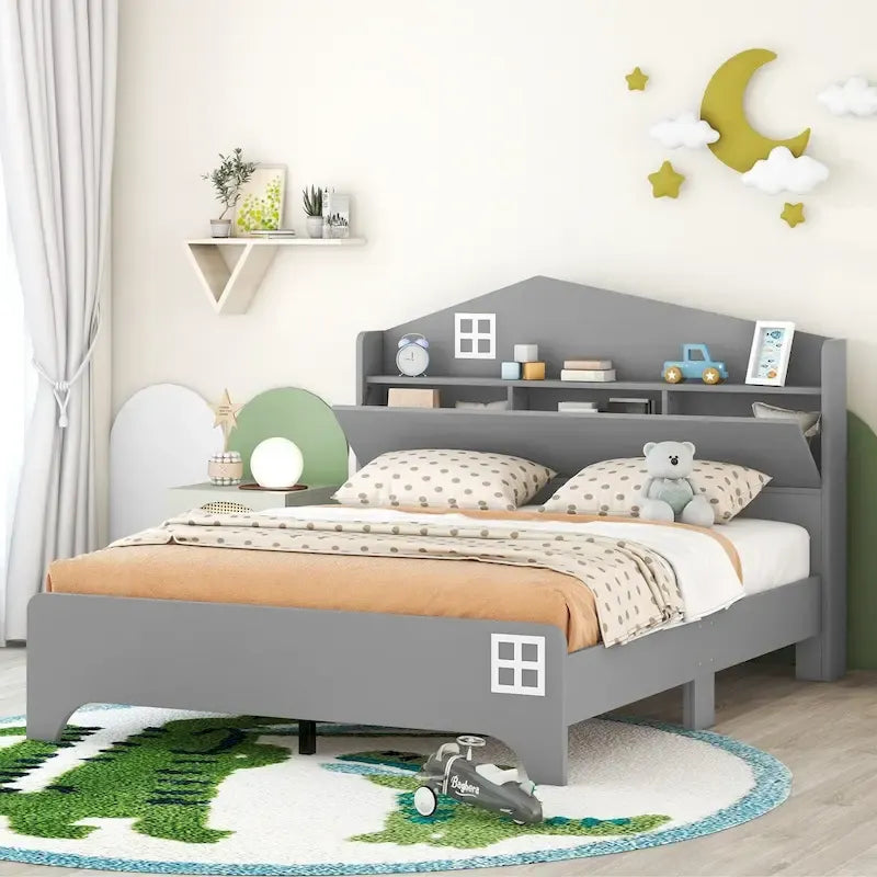 Cama plataforma de tamaño completo gris/negra con forma de casa y cabecero con almacenaje