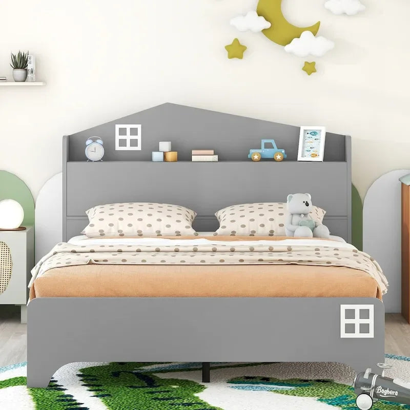 Cama plataforma de tamaño completo gris/negra con forma de casa y cabecero con almacenaje