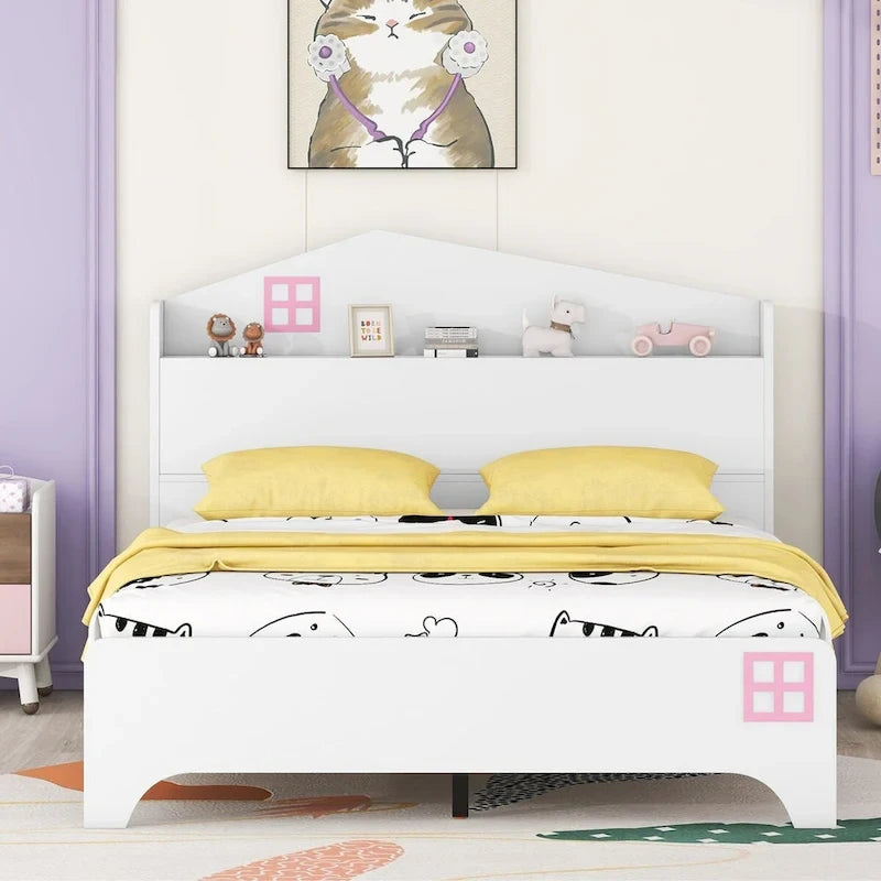 Cama plataforma de tamaño completo gris/negra con forma de casa y cabecero con almacenaje