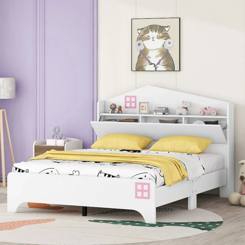 Cama plataforma de tamaño completo gris/negra con forma de casa y cabecero con almacenaje