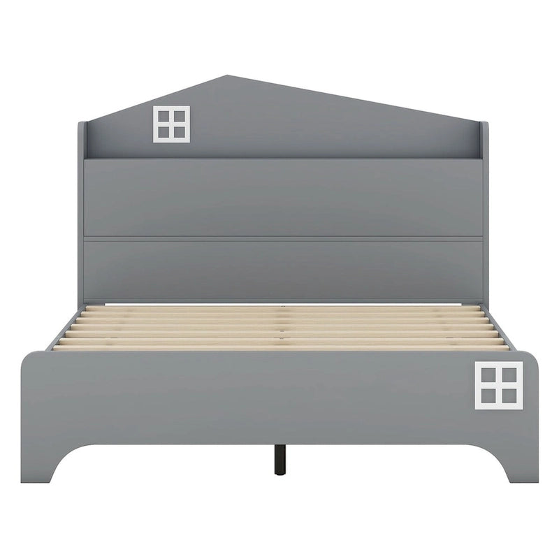 Cama plataforma de tamaño completo gris/negra con forma de casa y cabecero con almacenaje