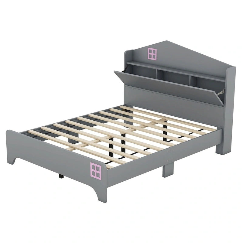 Cama plataforma de tamaño completo gris/negra con forma de casa y cabecero con almacenaje