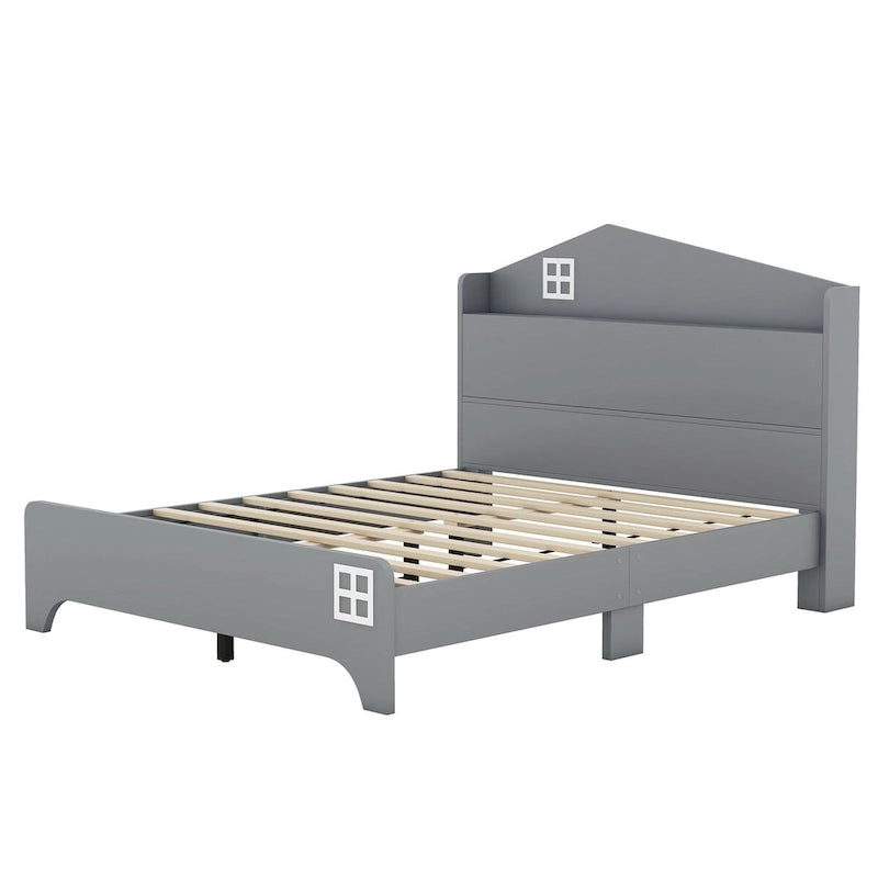 Cama plataforma de tamaño completo gris/negra con forma de casa y cabecero con almacenaje