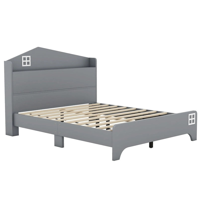 Cama plataforma de tamaño completo gris/negra con forma de casa y cabecero con almacenaje