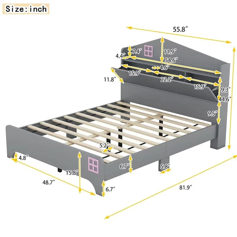 Cama plataforma de tamaño completo gris/negra con forma de casa y cabecero con almacenaje