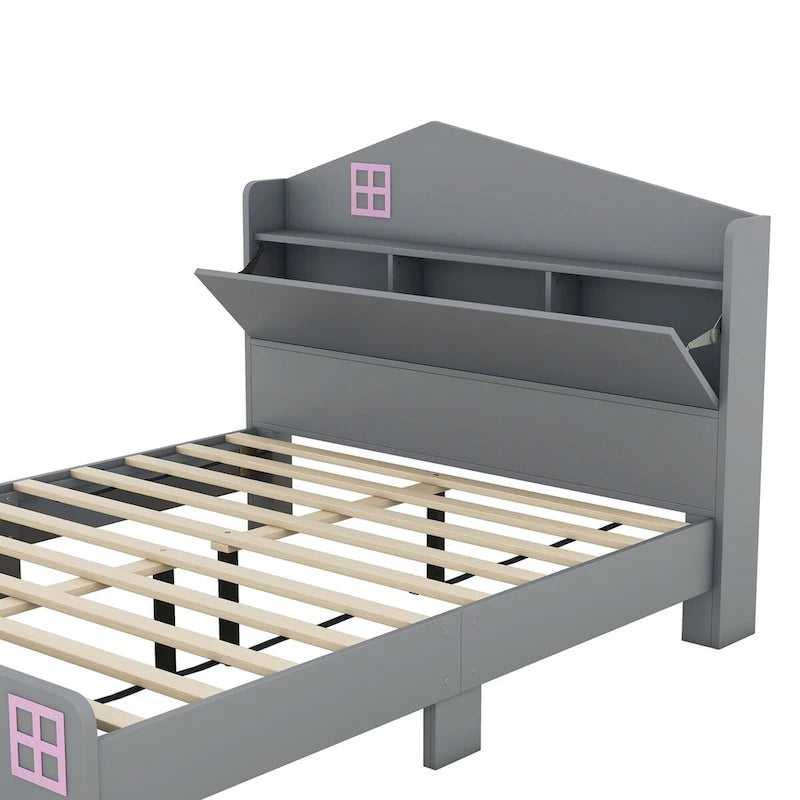 Cama plataforma de tamaño completo gris/negra con forma de casa y cabecero con almacenaje