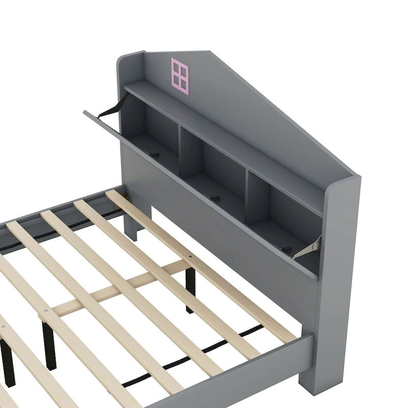 Cama plataforma de tamaño completo gris/negra con forma de casa y cabecero con almacenaje