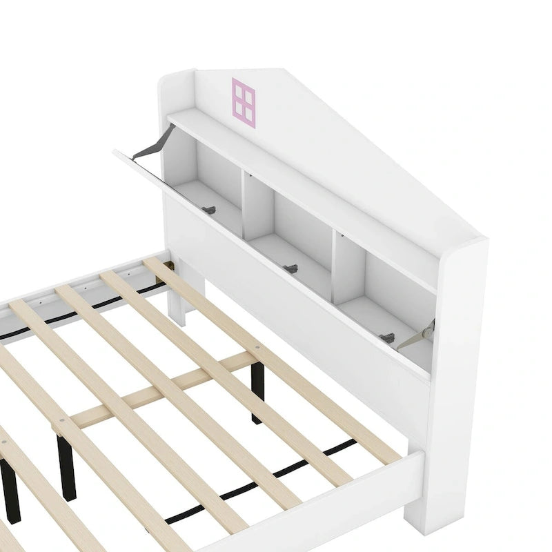 Cama plataforma de tamaño completo gris/negra con forma de casa y cabecero con almacenaje
