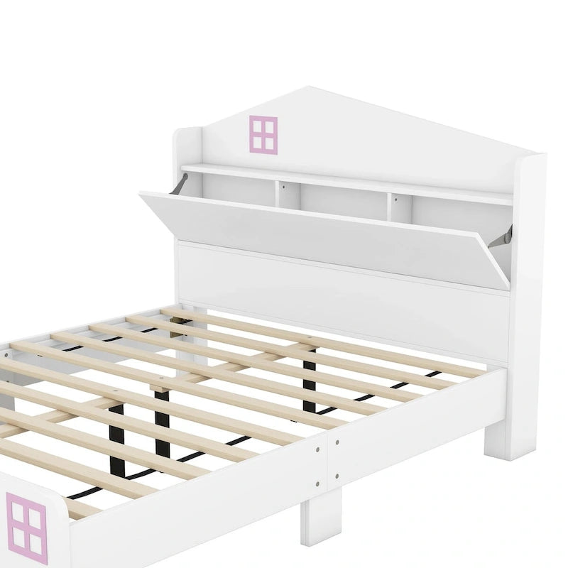 Cama plataforma de tamaño completo gris/negra con forma de casa y cabecero con almacenaje