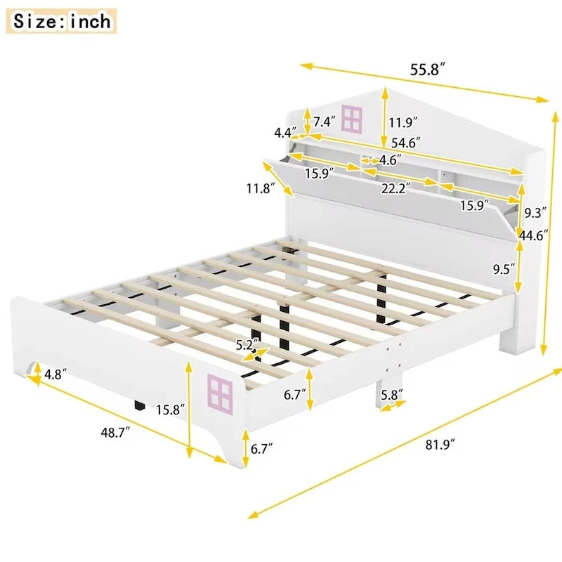 Cama plataforma de tamaño completo gris/negra con forma de casa y cabecero con almacenaje