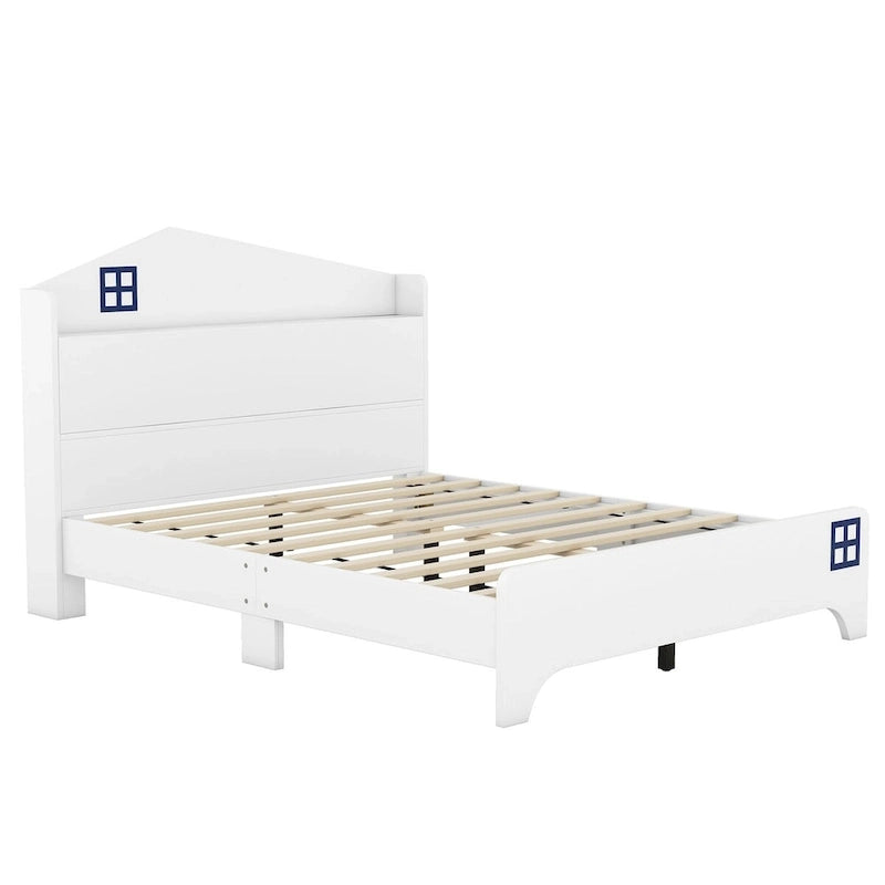Cama plataforma de tamaño completo gris/negra con forma de casa y cabecero con almacenaje
