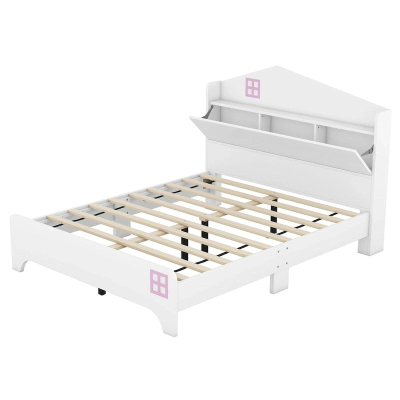 Cama plataforma de tamaño completo gris/negra con forma de casa y cabecero con almacenaje