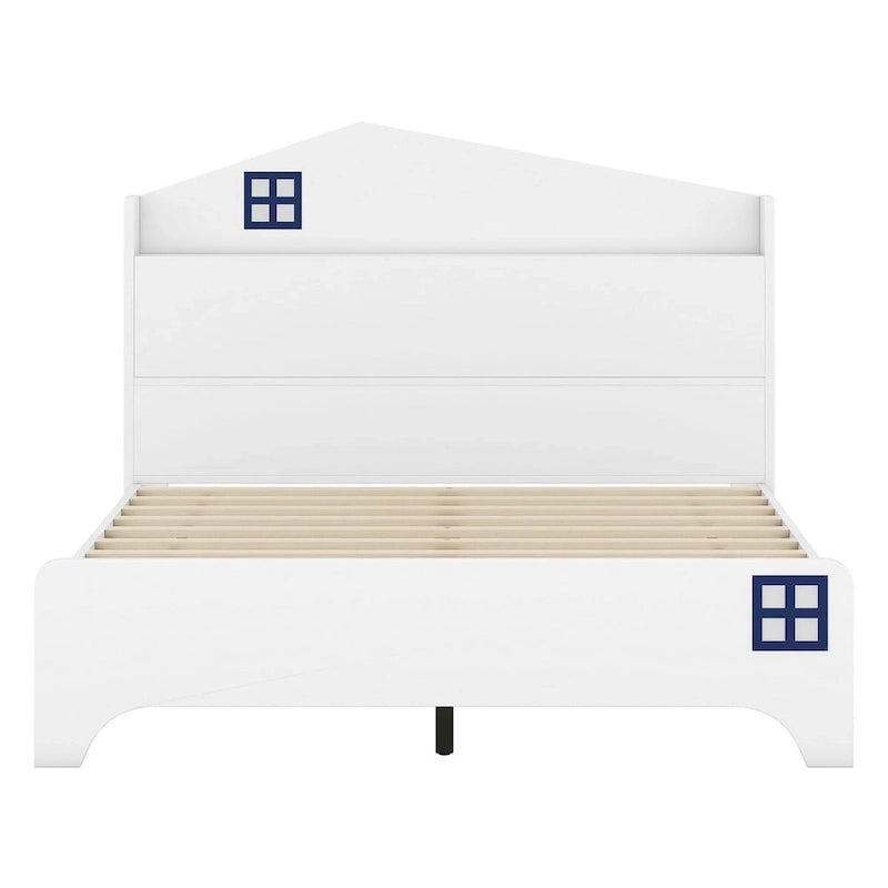 Cama plataforma de tamaño completo gris/negra con forma de casa y cabecero con almacenaje
