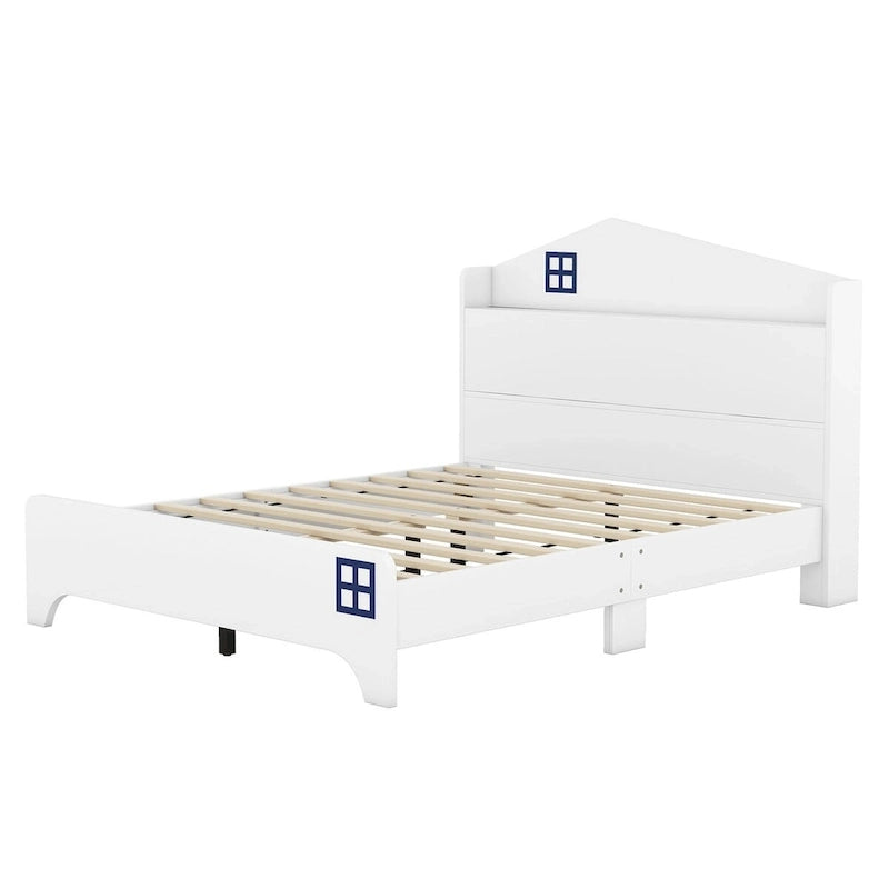 Cama plataforma de tamaño completo gris/negra con forma de casa y cabecero con almacenaje