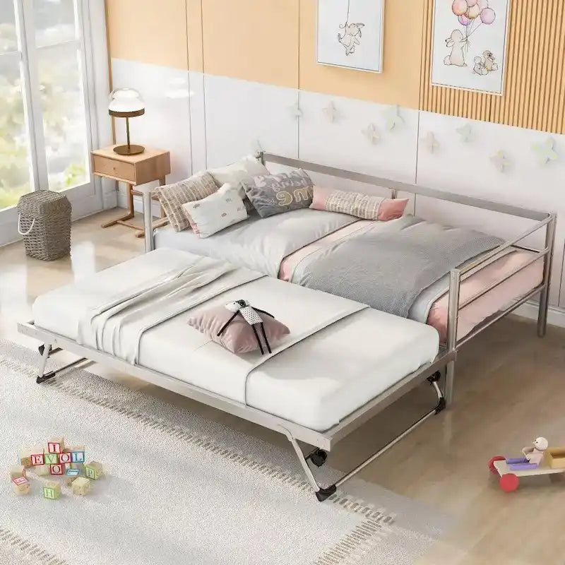 Sofá cama de metal tamaño individual negro/plateado con nido ajustable desplegable, asientos para 2