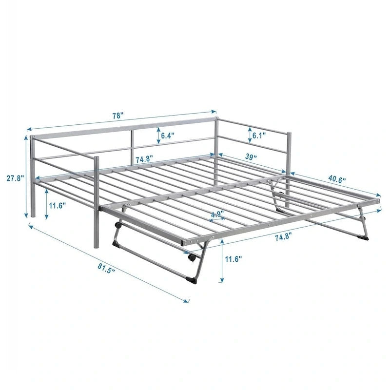 Sofá cama de metal tamaño individual negro/plateado con nido ajustable desplegable, asientos para 2