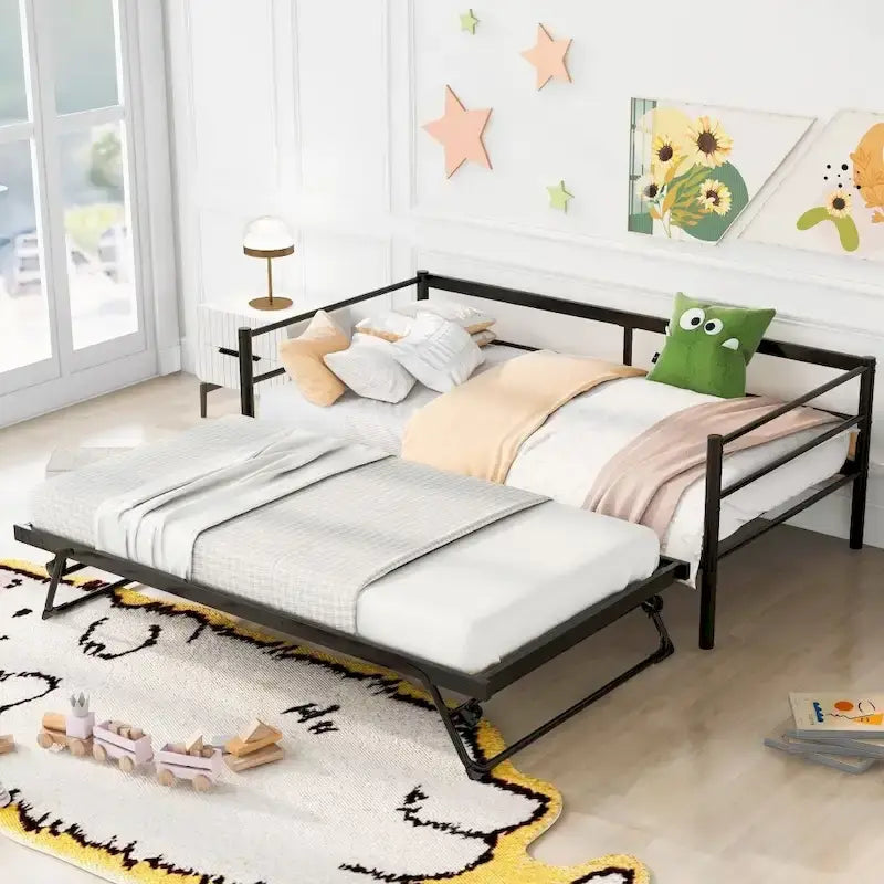 Sofá cama de metal tamaño individual negro/plateado con nido ajustable desplegable, asientos para 2