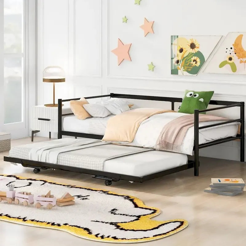 Sofá cama de metal tamaño individual negro/plateado con nido ajustable desplegable, asientos para 2