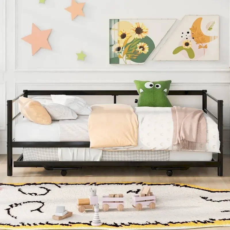 Sofá cama de metal tamaño individual negro/plateado con nido ajustable desplegable, asientos para 2