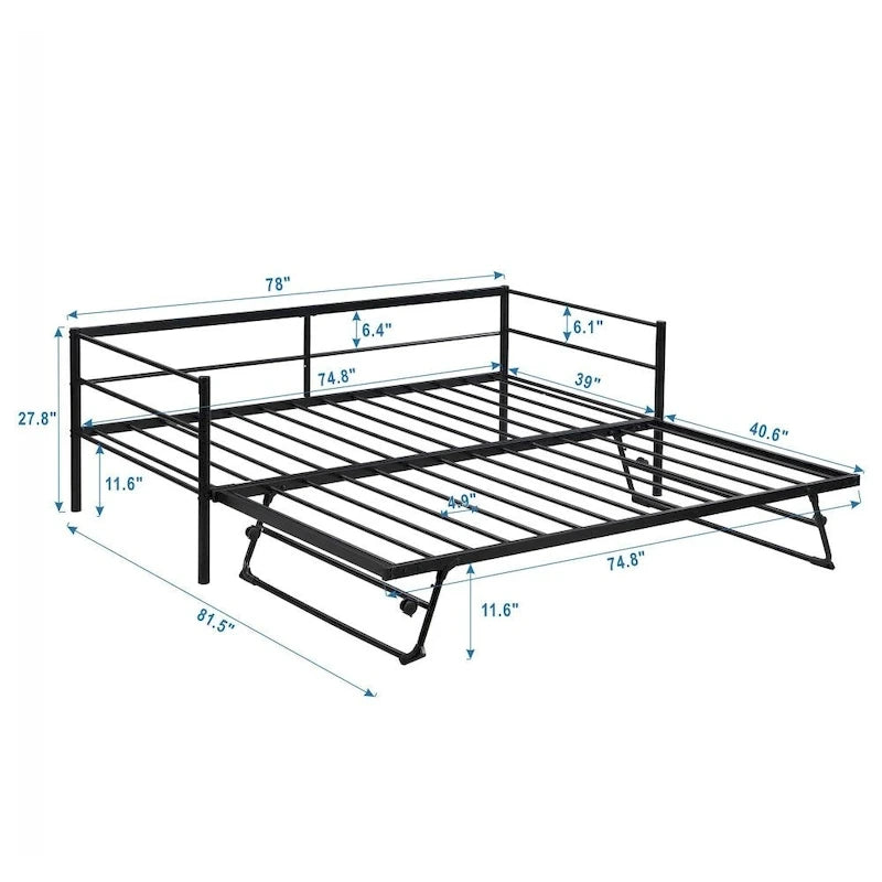 Sofá cama de metal tamaño individual negro/plateado con nido ajustable desplegable, asientos para 2