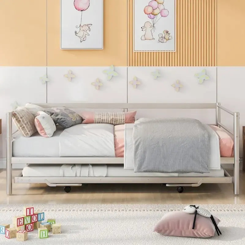 Sofá cama de metal tamaño individual negro/plateado con nido ajustable desplegable, asientos para 2