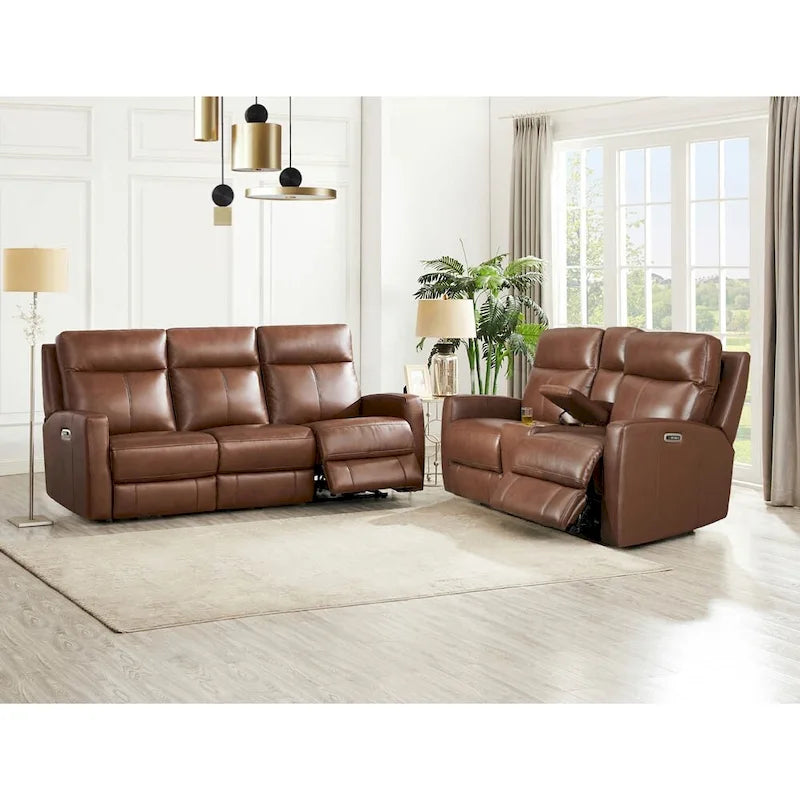 Sofá reclinable eléctrico y sofá de dos plazas de cuero flor color café/pecan con gravedad cero y reposacabezas ajustable