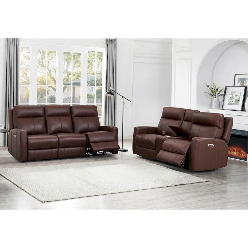 Sofá reclinable eléctrico y sofá de dos plazas de cuero flor color café/pecan con gravedad cero y reposacabezas ajustable