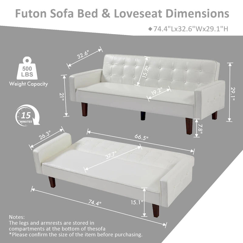 Sofá cama convertible de 3 plazas de piel sintética de 188.9 cm con respaldo ajustable