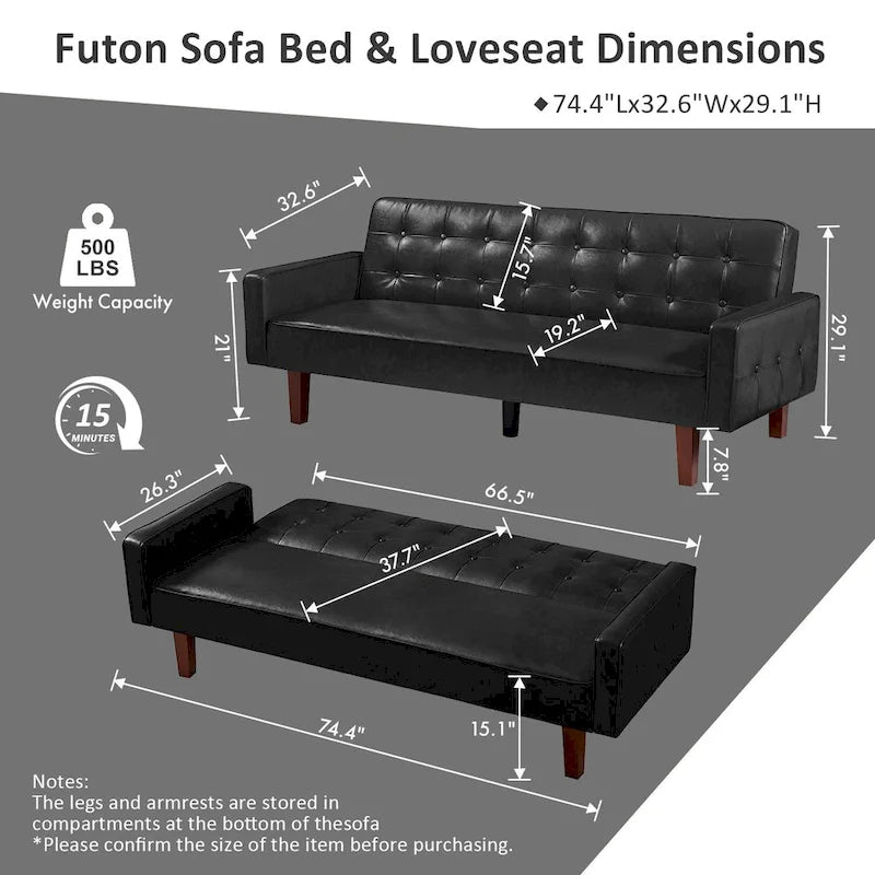 Sofá cama convertible de 3 plazas de piel sintética de 188.9 cm con respaldo ajustable