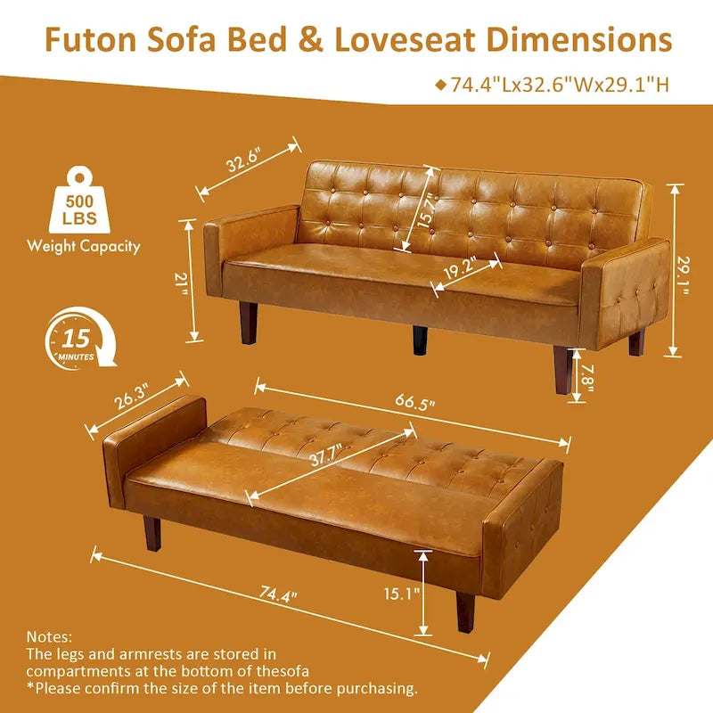 Sofá cama convertible de 3 plazas de piel sintética de 188.9 cm con respaldo ajustable